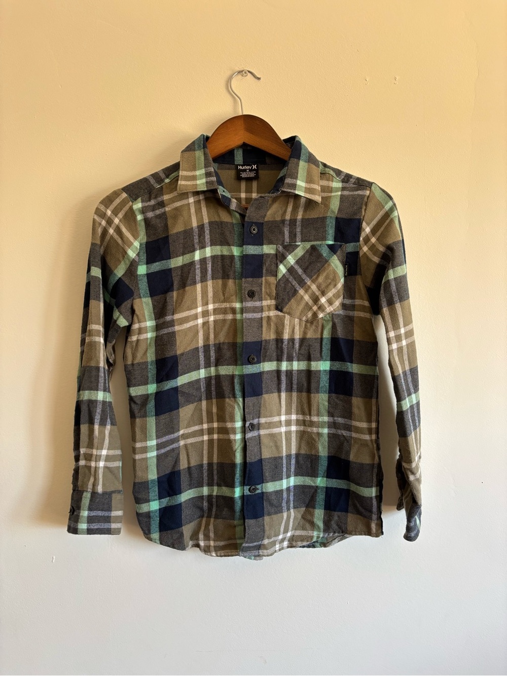 Hurley Plaid Button-Down Shirt in Olive, Navy, and Mint